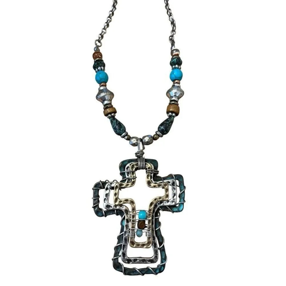 Southwestern Silver Tone Cross Wire Wrapped 3 Metals Pendant Long Bead Necklace